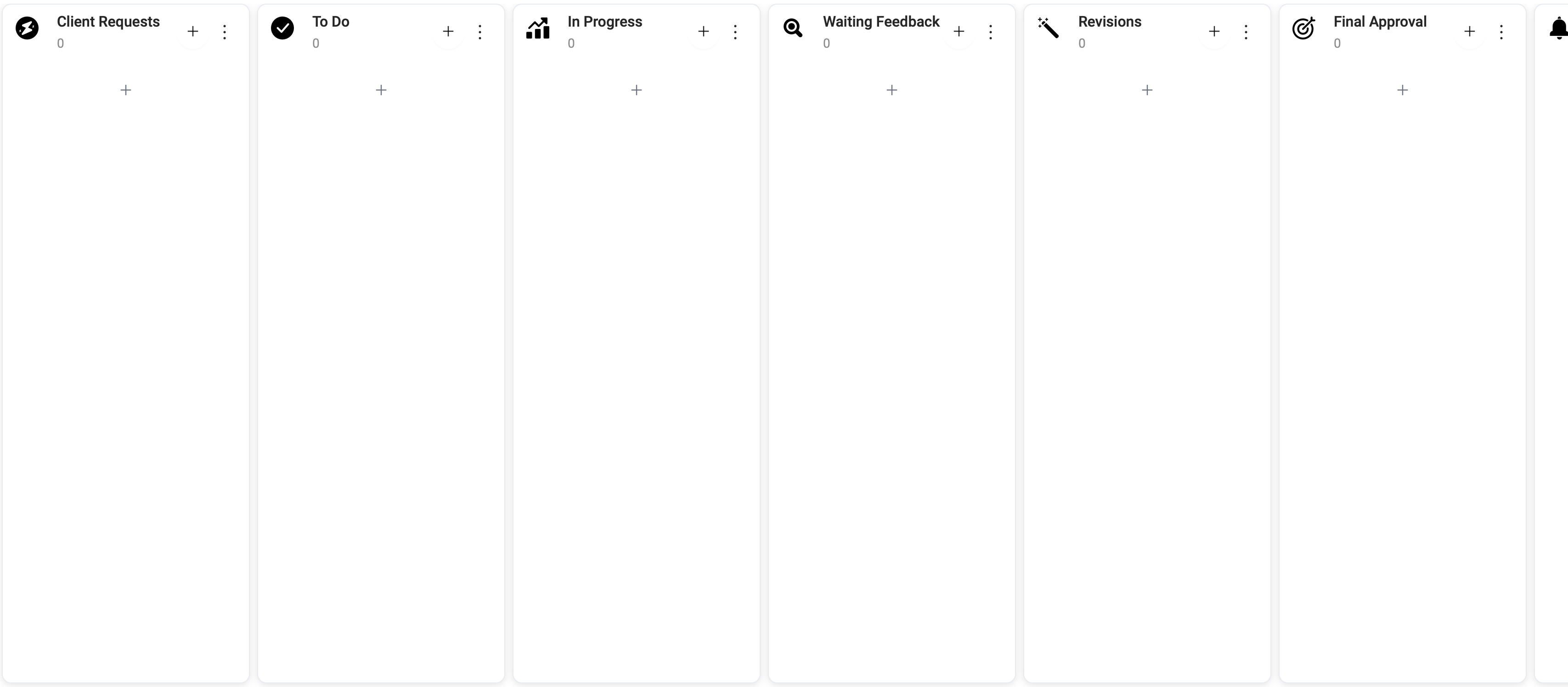 Visual of a freelancer client worflow kanban board